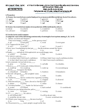 Đề thi tuyển sinh vào Lớp 10 THPT chuyên môn Tiếng Anh - Năm học 2015-2016 - Sở giáo dục và đào tạo Vĩnh Phúc (Kèm đáp án)